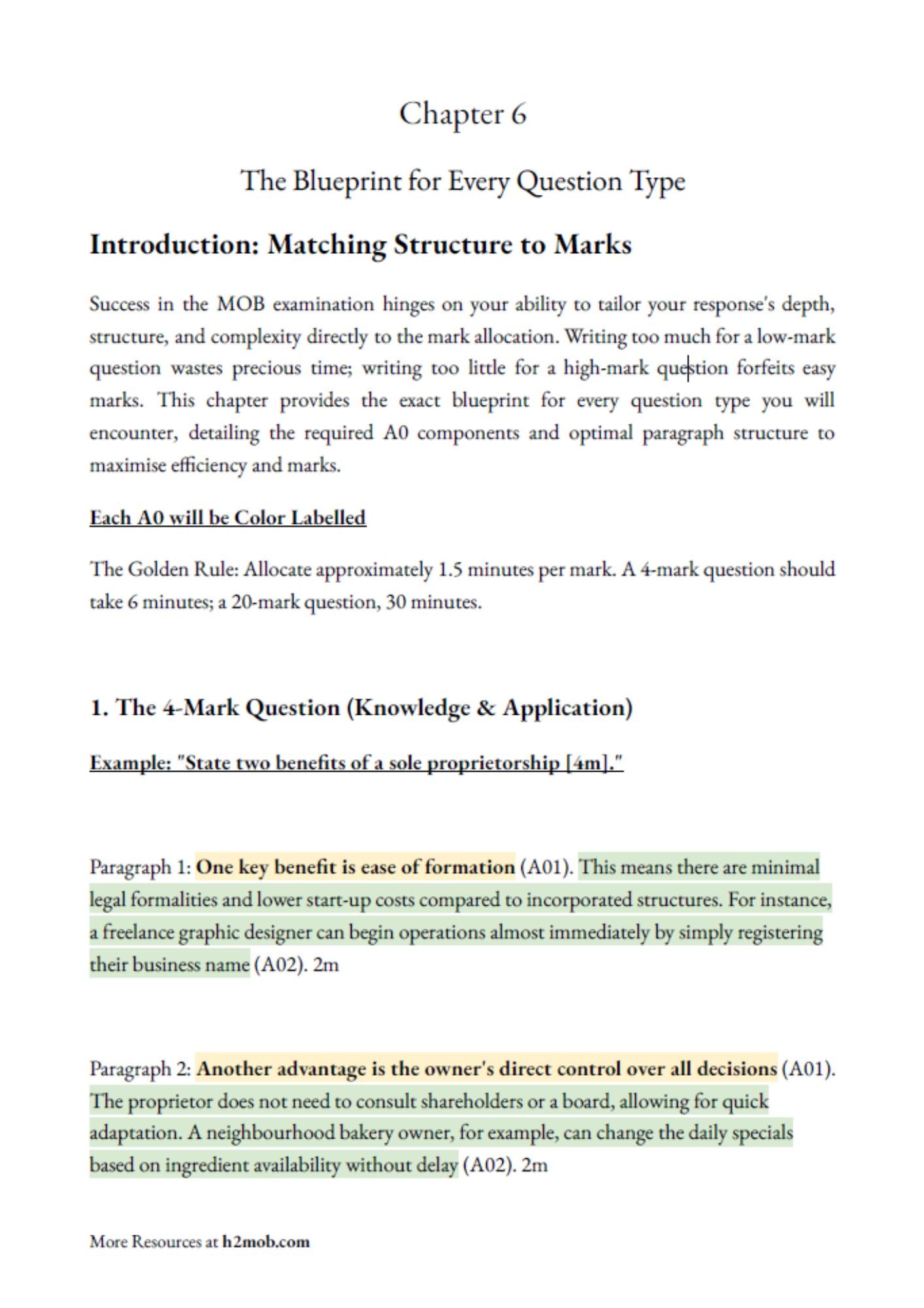 Text document on a white background with chapter title 'The Blueprint for Every Question Type' and introduction to matching structure to marks.

H2 management of business A-levels Notes and practice papers (Management Of Business Singapore A-levels)
