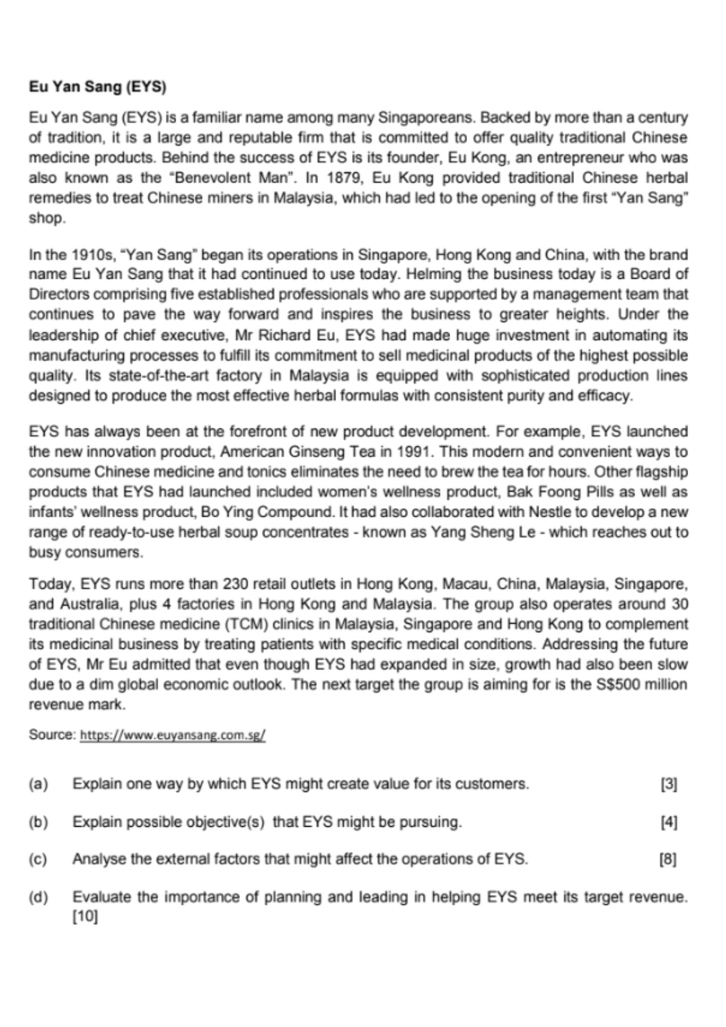 Text document about EYs, a traditional Chinese medicine company, with details on its founder, products, and operations.

(Management Of Business Singapore A-levels)