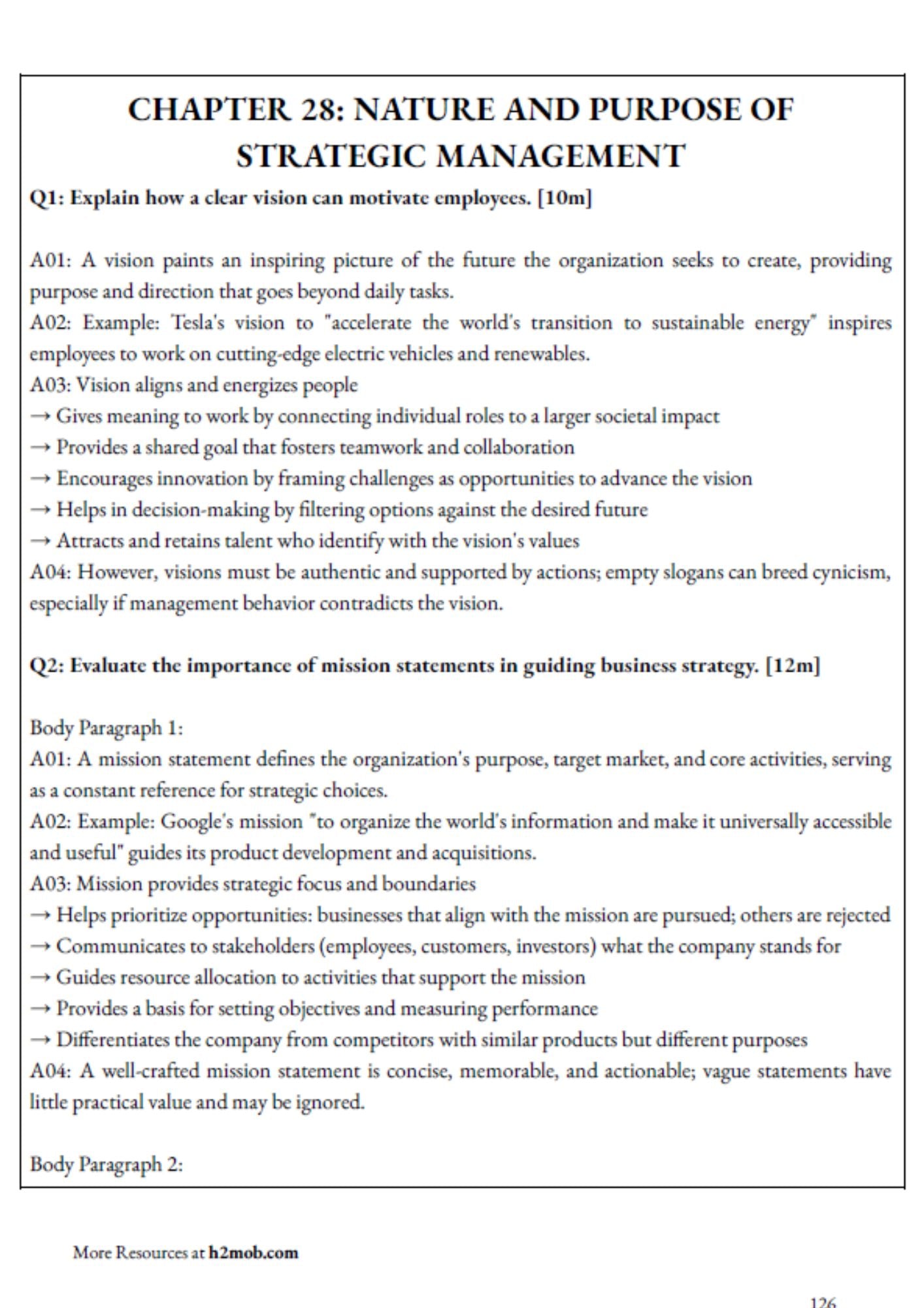 Text page from a book on strategic management with questions and answers.
(h2 mob, Management Of Business Singapore A-levels)
