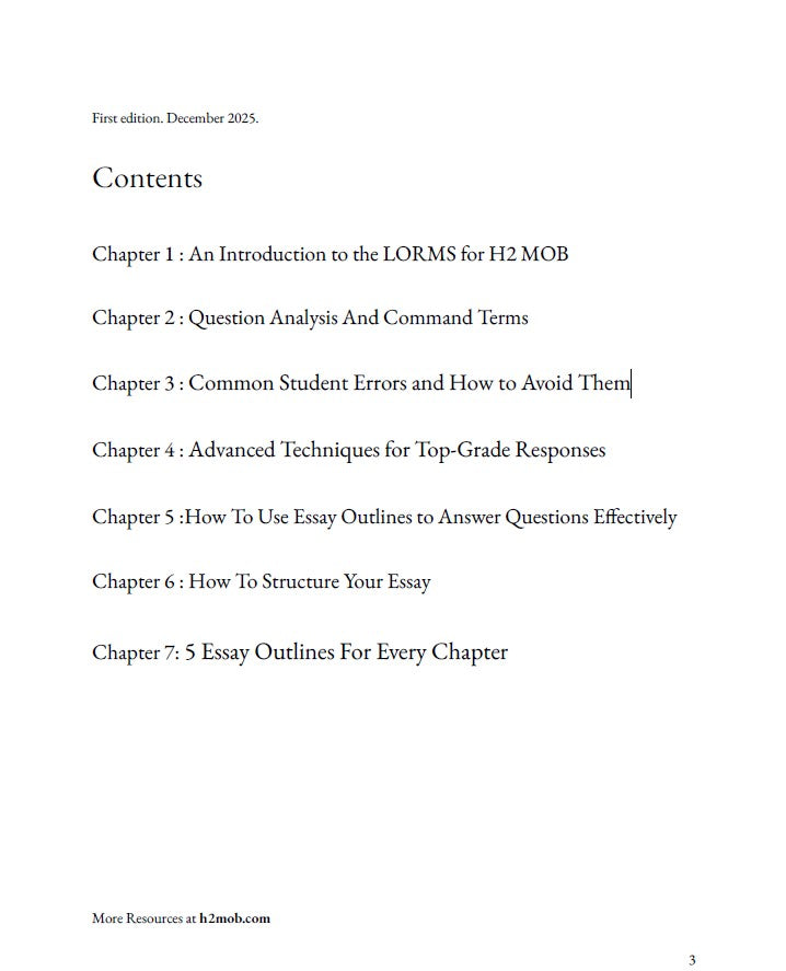 Table of contents for a book or document on essay writing and LORMS for H2 MOB (Management Of Business Singapore A-levels).